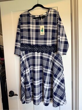 Classic Navy Plaid A-Line Dress with Lace Waist